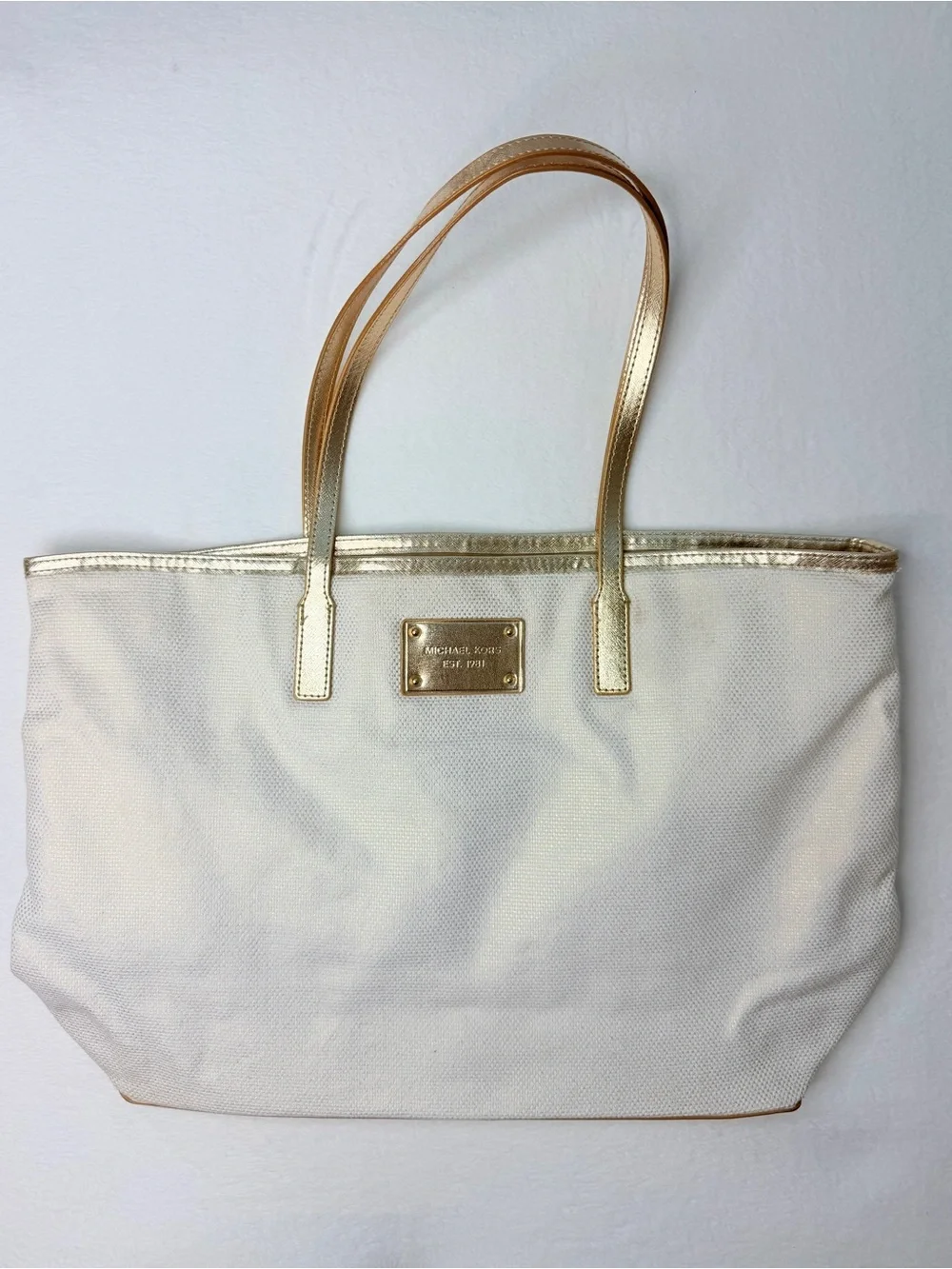 Michael Kors Champagne Woven Tote Bag Metallic Croc Trim Large Shopper